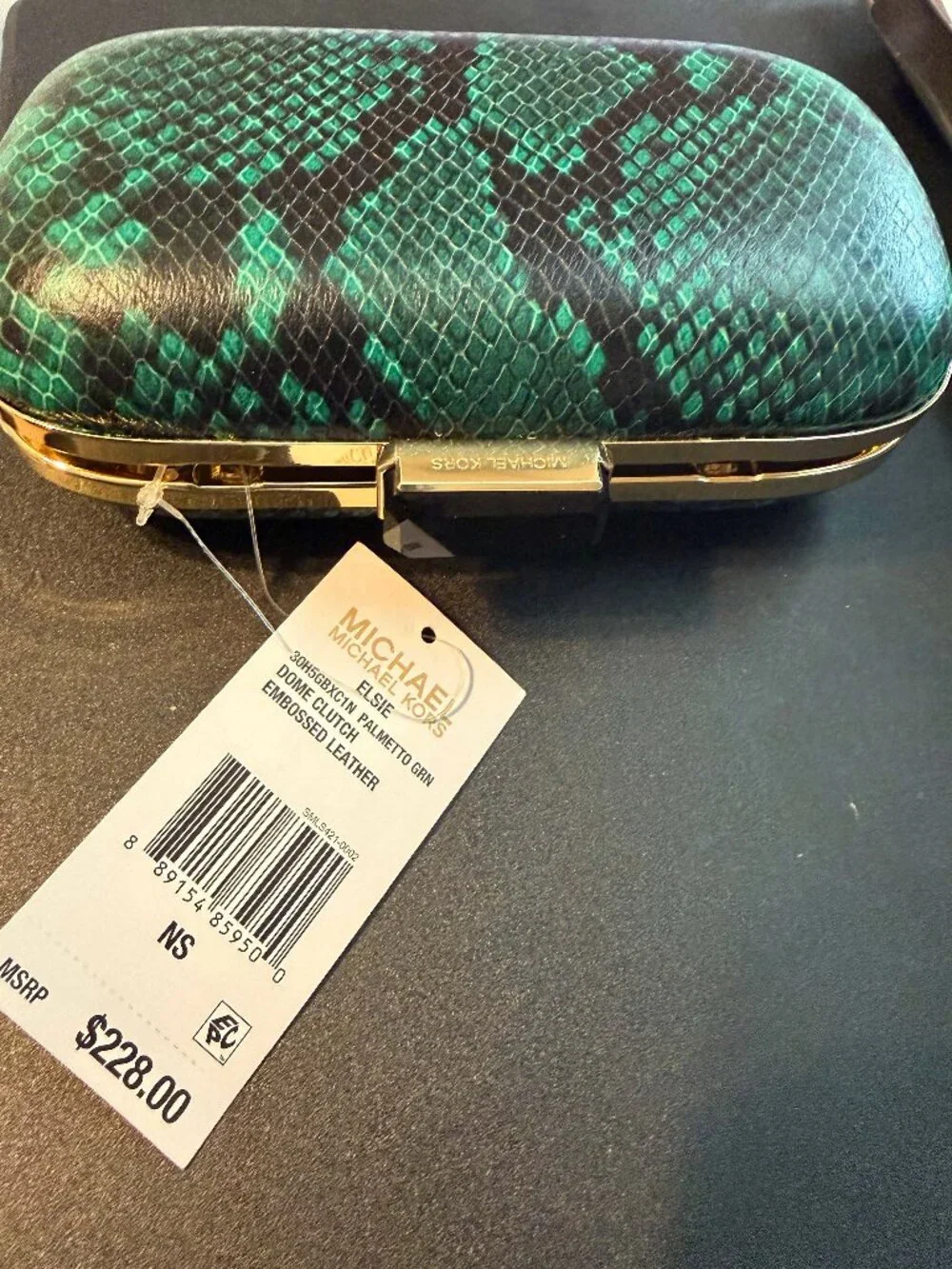 NEW Michael Kors Elsie PALMETTO GRN Dome Clutch Embossed Leather